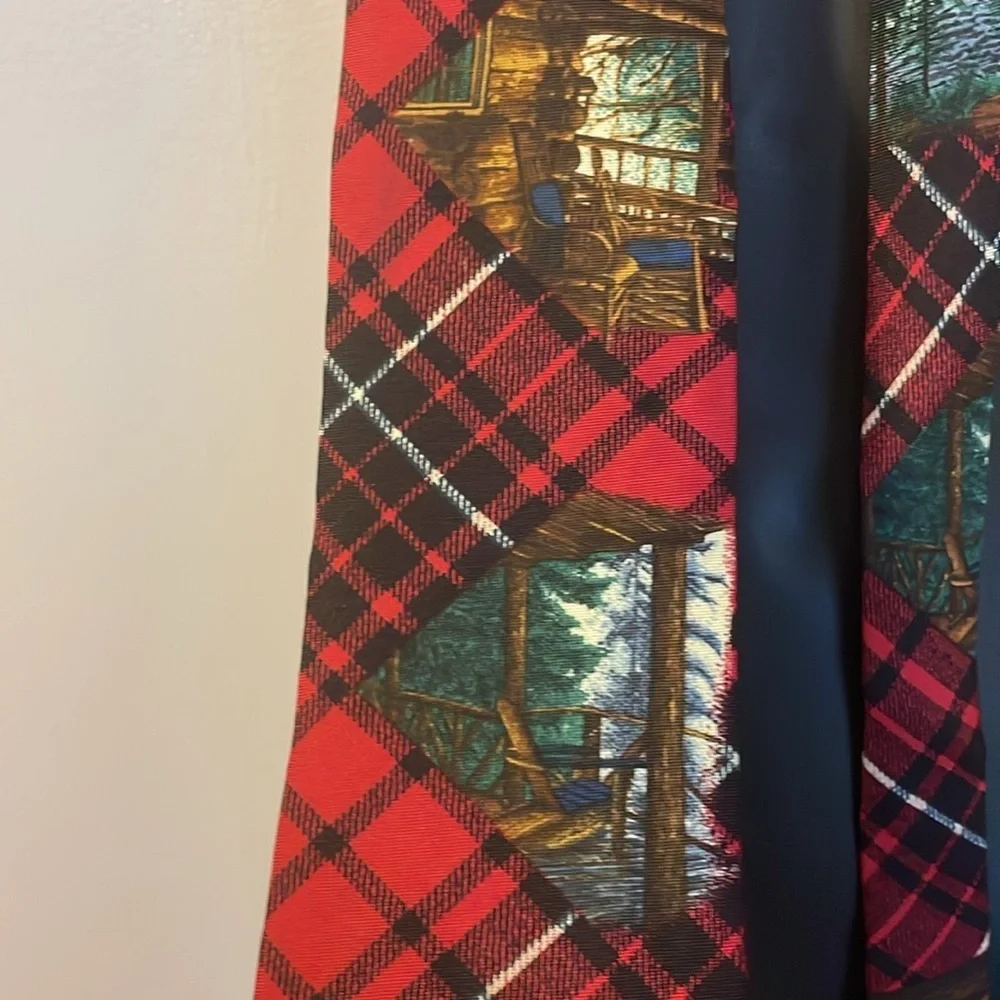 Structure Silk Italian Fabric Vintage Red Plaid Cabin in Woods Necktie Tie